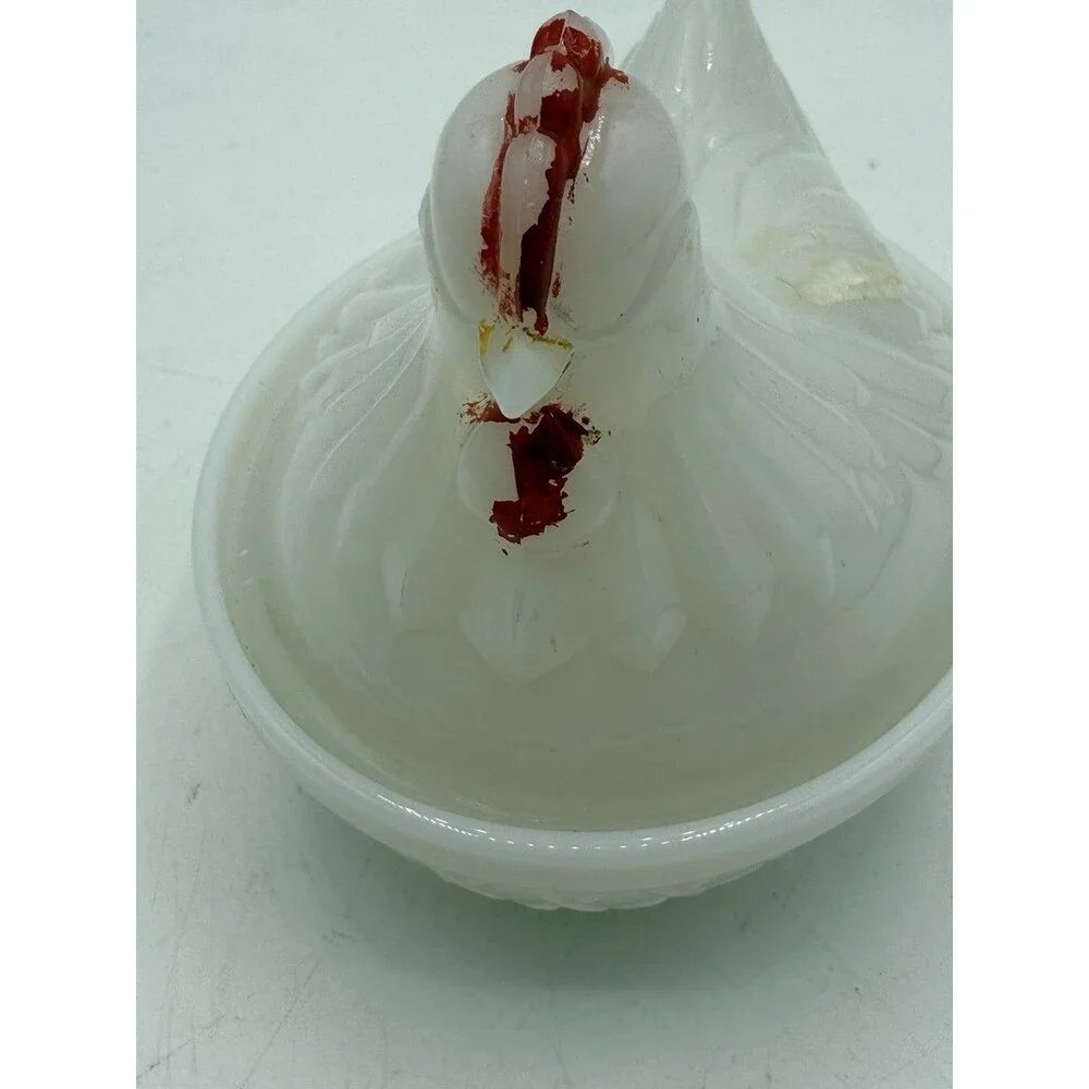 4” Hen On Nest Chicken Opaque White Milk Glass Covered Dish Unmarked No Stamp